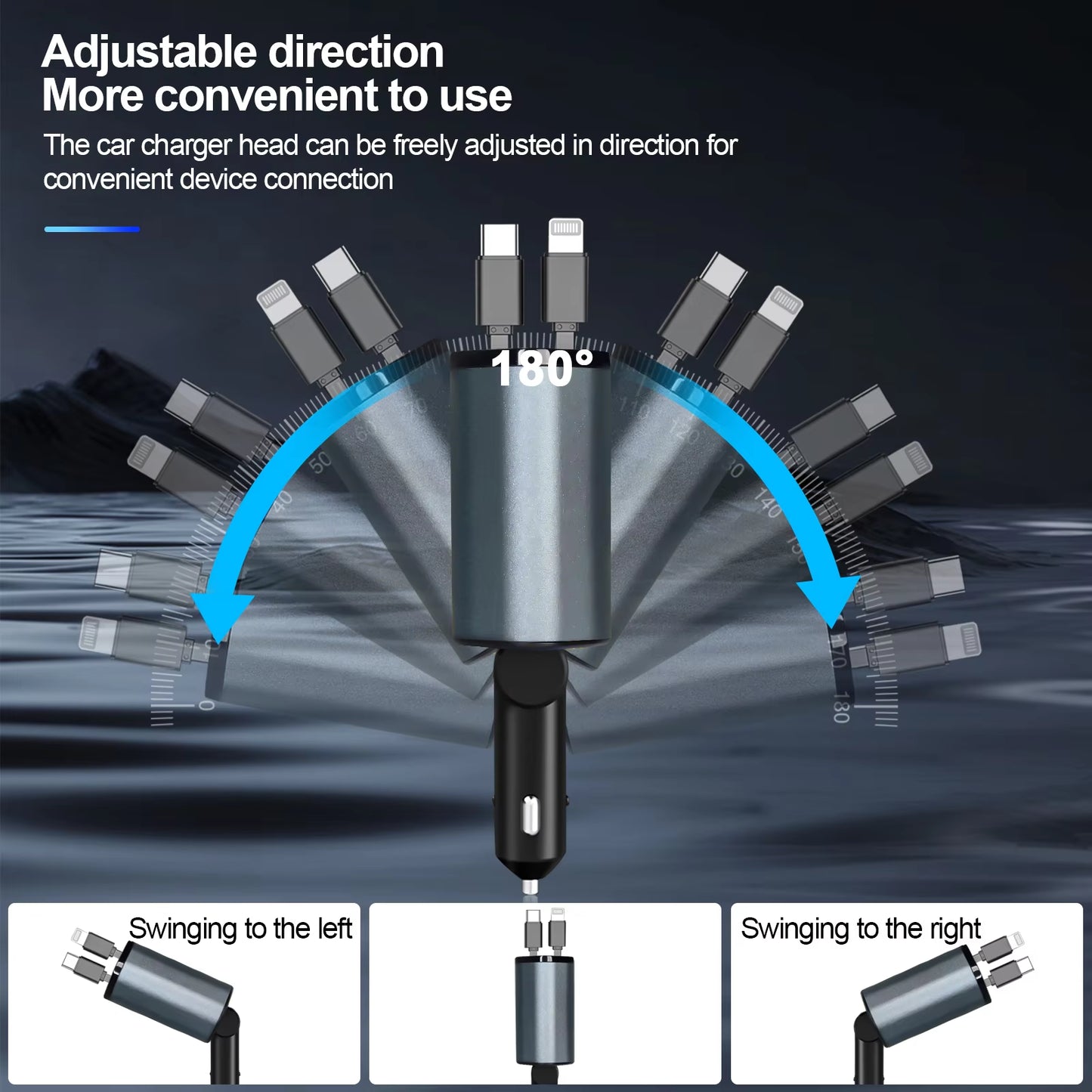 4-in-1 Retractable Car Charger – Dual USB Ports with Built-in USB-C & Lightning Cables – Compatible with iPhone 5 to 16 Series & Samsung Galaxy S8 to S25 Series (100W)