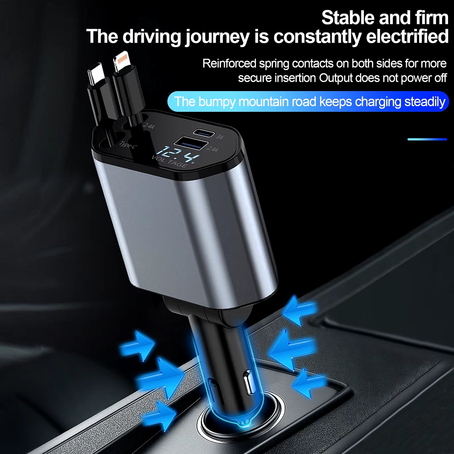 4-in-1 Retractable Car Charger – Dual USB Ports with Built-in USB-C & Lightning Cables – Compatible with iPhone 5 to 16 Series & Samsung Galaxy S8 to S25 Series (100W)
