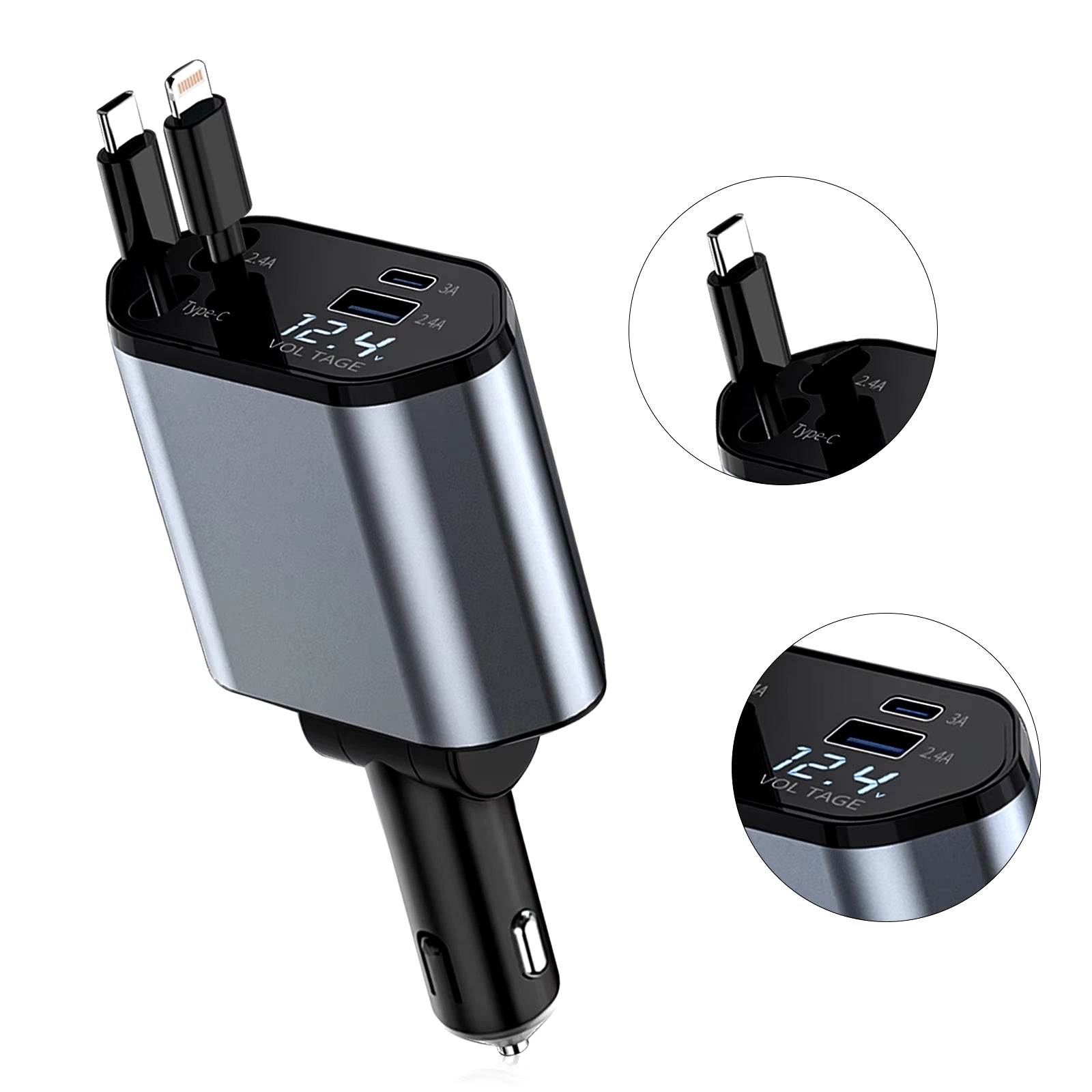 4-in-1 Retractable Car Charger – Dual USB Ports with Built-in USB-C & Lightning Cables – Compatible with iPhone 5 to 16 Series & Samsung Galaxy S8 to S25 Series (100W)