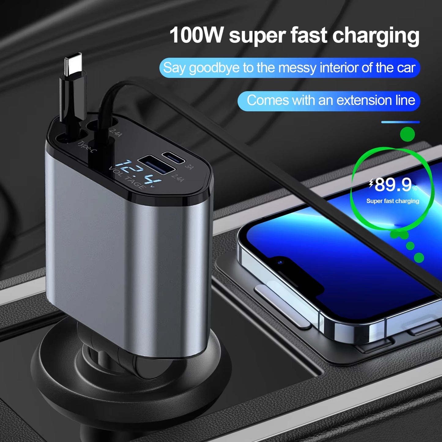 4-in-1 Retractable Car Charger – Dual USB Ports with Built-in USB-C & Lightning Cables – Compatible with iPhone 5 to 16 Series & Samsung Galaxy S8 to S25 Series (100W)