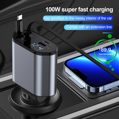 4-in-1 Retractable Car Charger – Dual USB Ports with Built-in USB-C & Lightning Cables – Compatible with iPhone 5 to 16 Series & Samsung Galaxy S8 to S25 Series (100W)